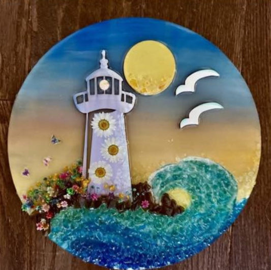 3D Glass Resin Tidal Lighthouse Wooden Round (Finished)